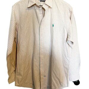 Ralph Lauren Mens 16-33 Green & White Striped 100% Cotton Dress Shirt